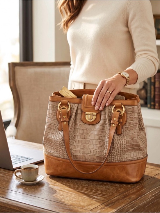 Brahmin Handbags - Brahmin Taupe Croc-Embossed Leather Tote Bag with Tan Trim